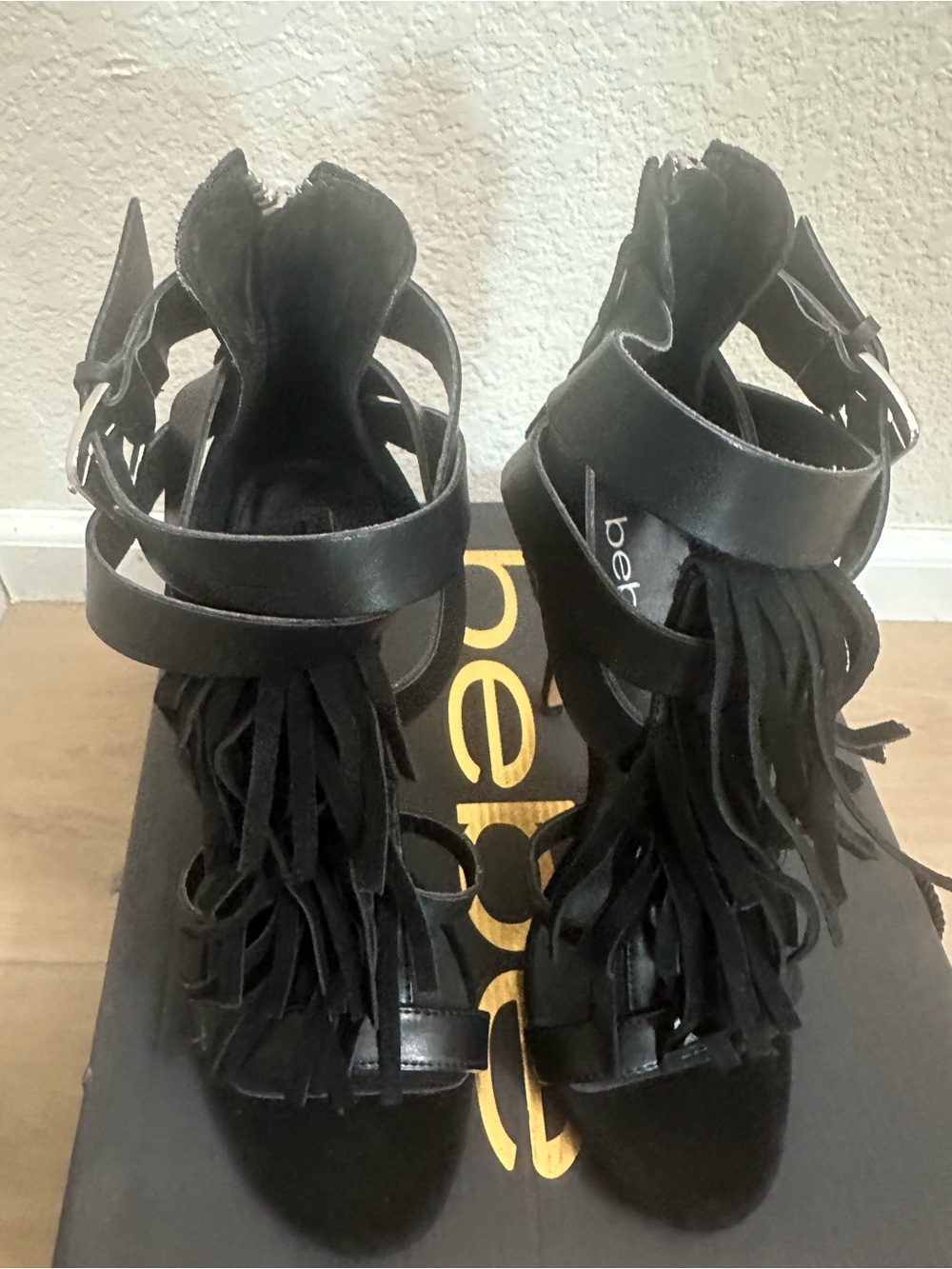 bebe - Isella - Black Fringe Strappy Stiletto Sandals size 8 - Picture 2 of 6